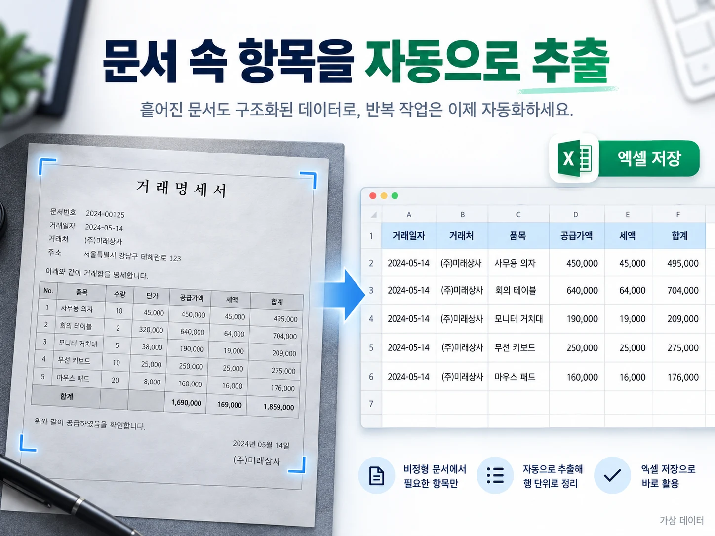 문서에서 표로 — 필요한 항목을 추출하는 과정을 보여주는 예시입니다.